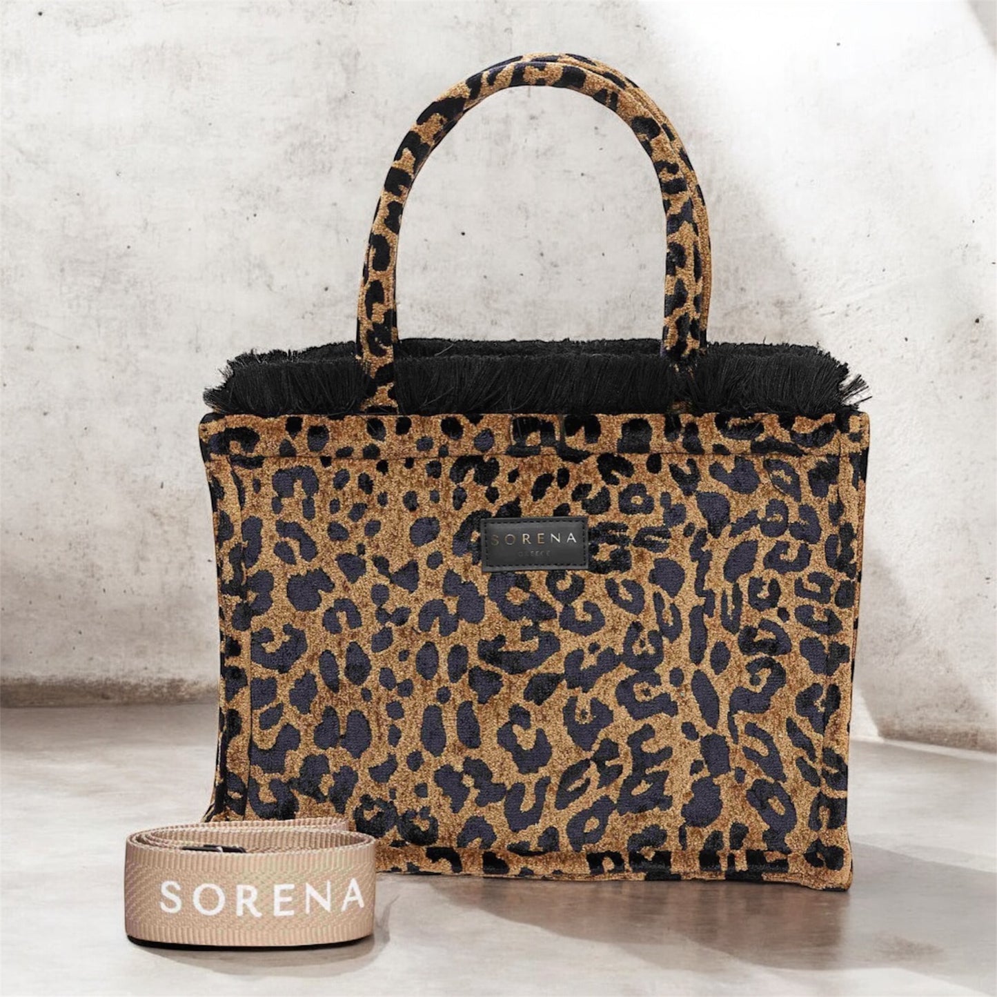 LEOPARD VELVET BROWN MEDIUM TOTE BAG SORENA GREECE