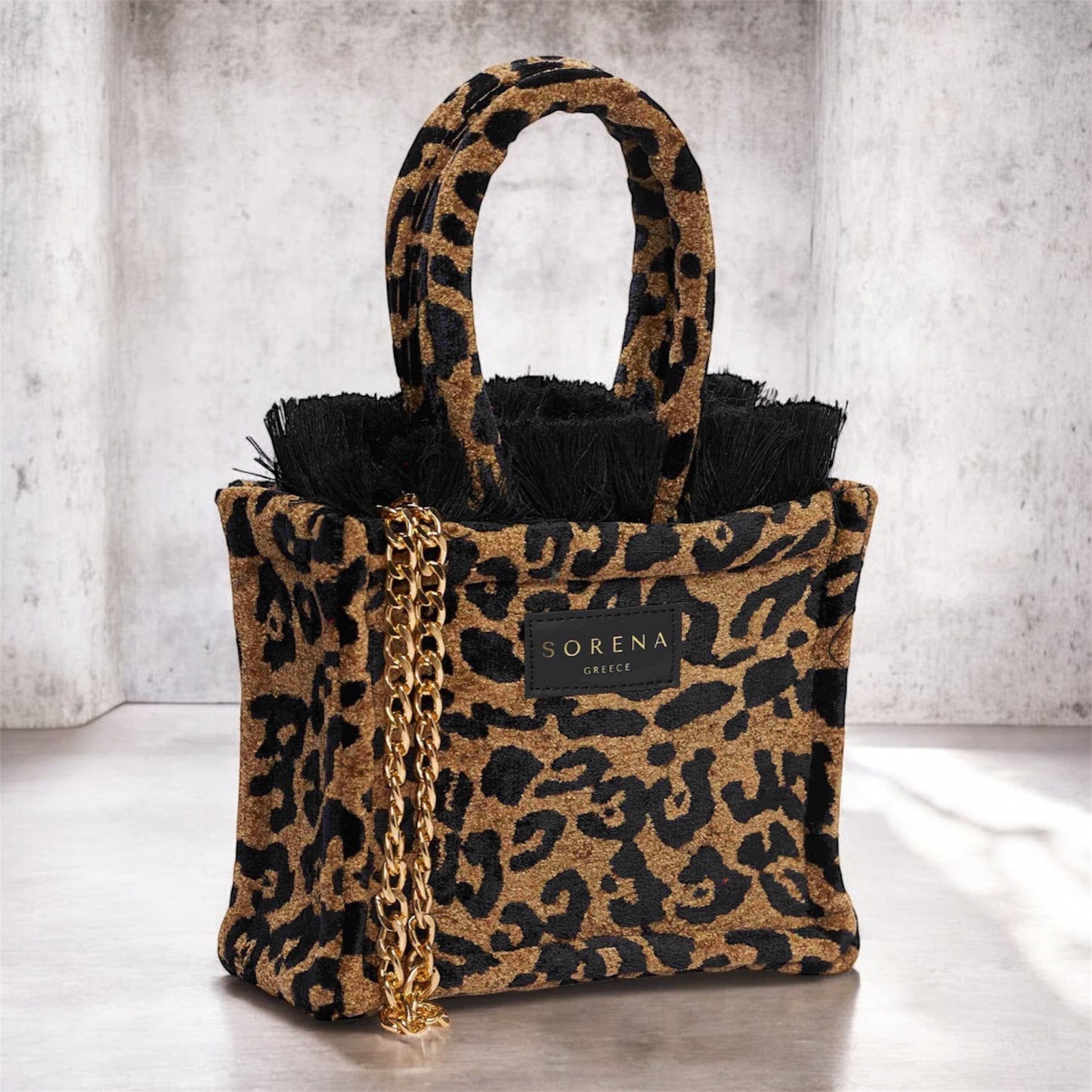 LEOPARD VELVET BROWN MINI TOTE BAG SORENA GREECE