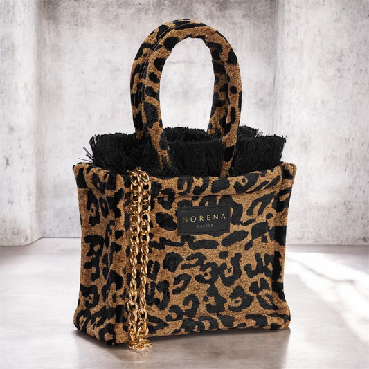 LEOPARD VELVET BROWN MINI TOTE BAG SORENA GREECE
