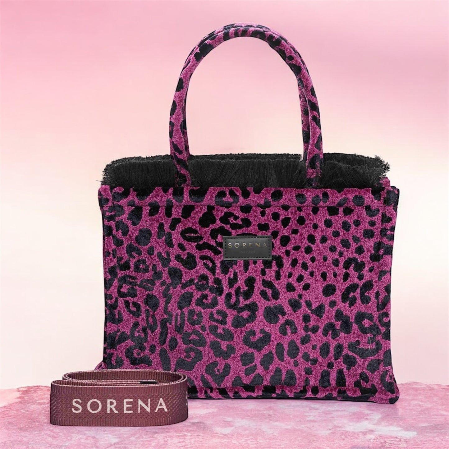LEOPARD VELVET MAGENTA MEDIUM TOTE BAG SORENA GREECE