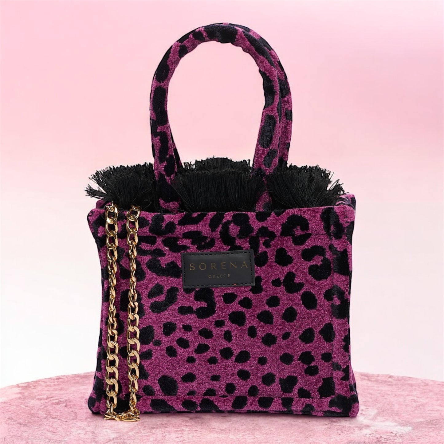 LEOPARD VELVET MAGENTA MINI TOTE BAG SORENA GREECE