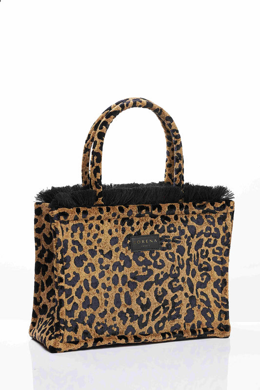 LEOPARD VELVET BROWN MEDIUM TOTE BAG